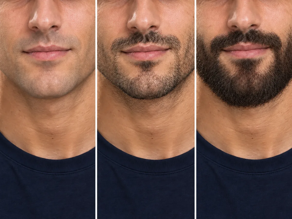 Three close-ups of the same man's jaw: freshly shaved, with a few days of stubble, and with a full beard.