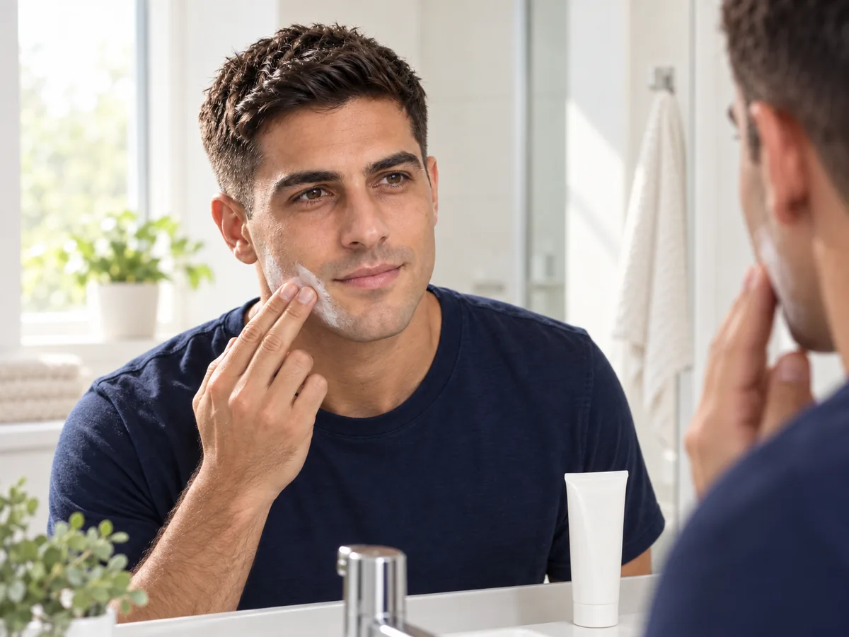 A freshly shaved man smooths sunscreen along his jaw and cheeks at a bright bathroom mirror.