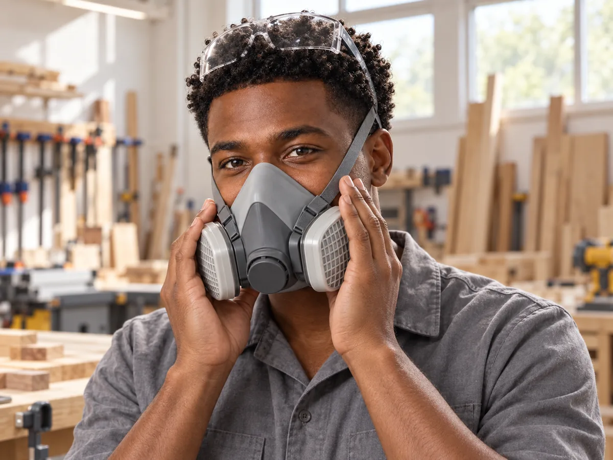 A clean-shaven man in a workshop fits a half-face respirator, pressing it to check the seal along his cheeks and chin.