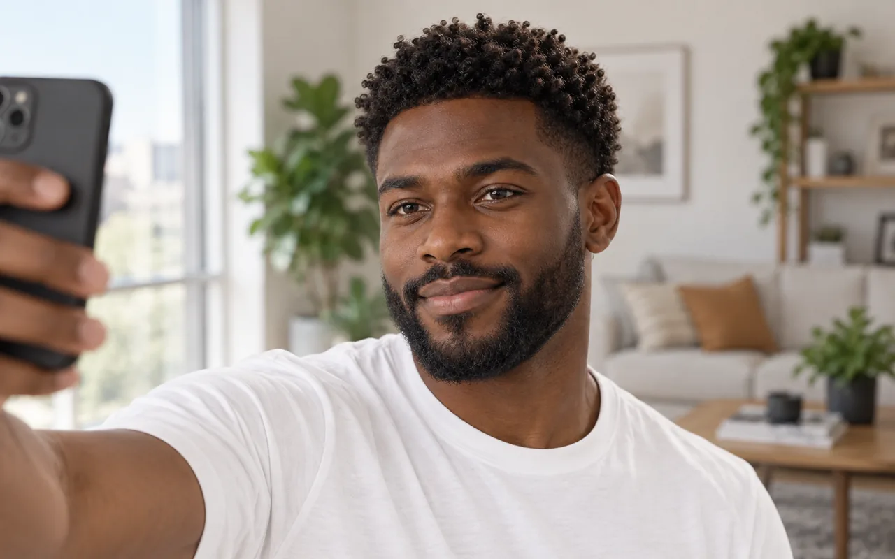 A bearded man takes a selfie facing a bright window, chin level, holding the phone at arm's length.