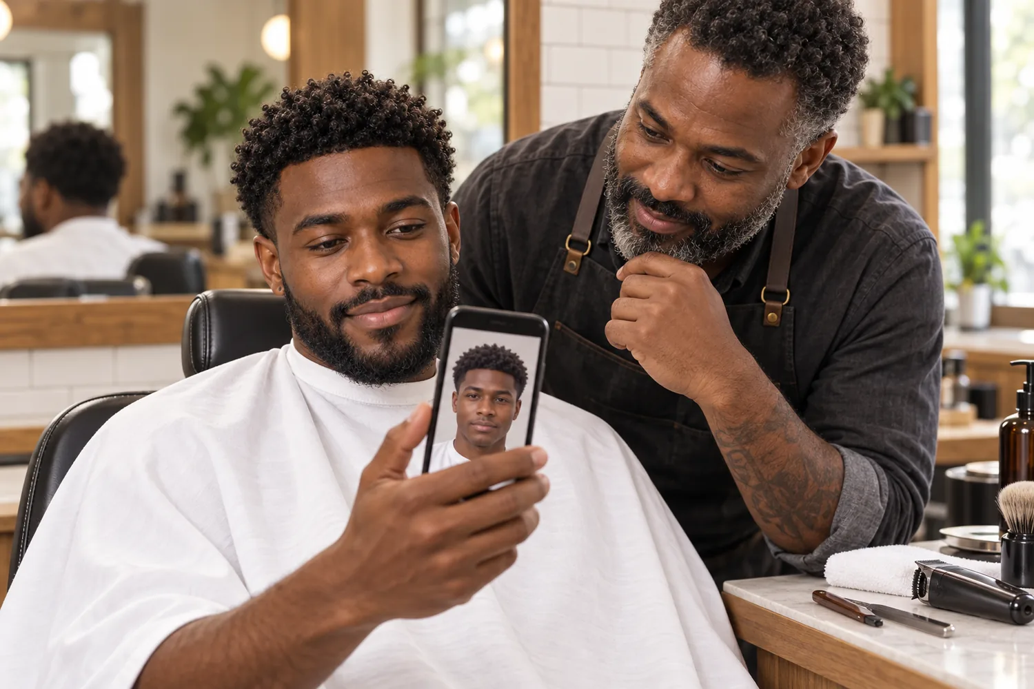 A barber and a bearded client look at a clean shave preview on a phone before the shave.