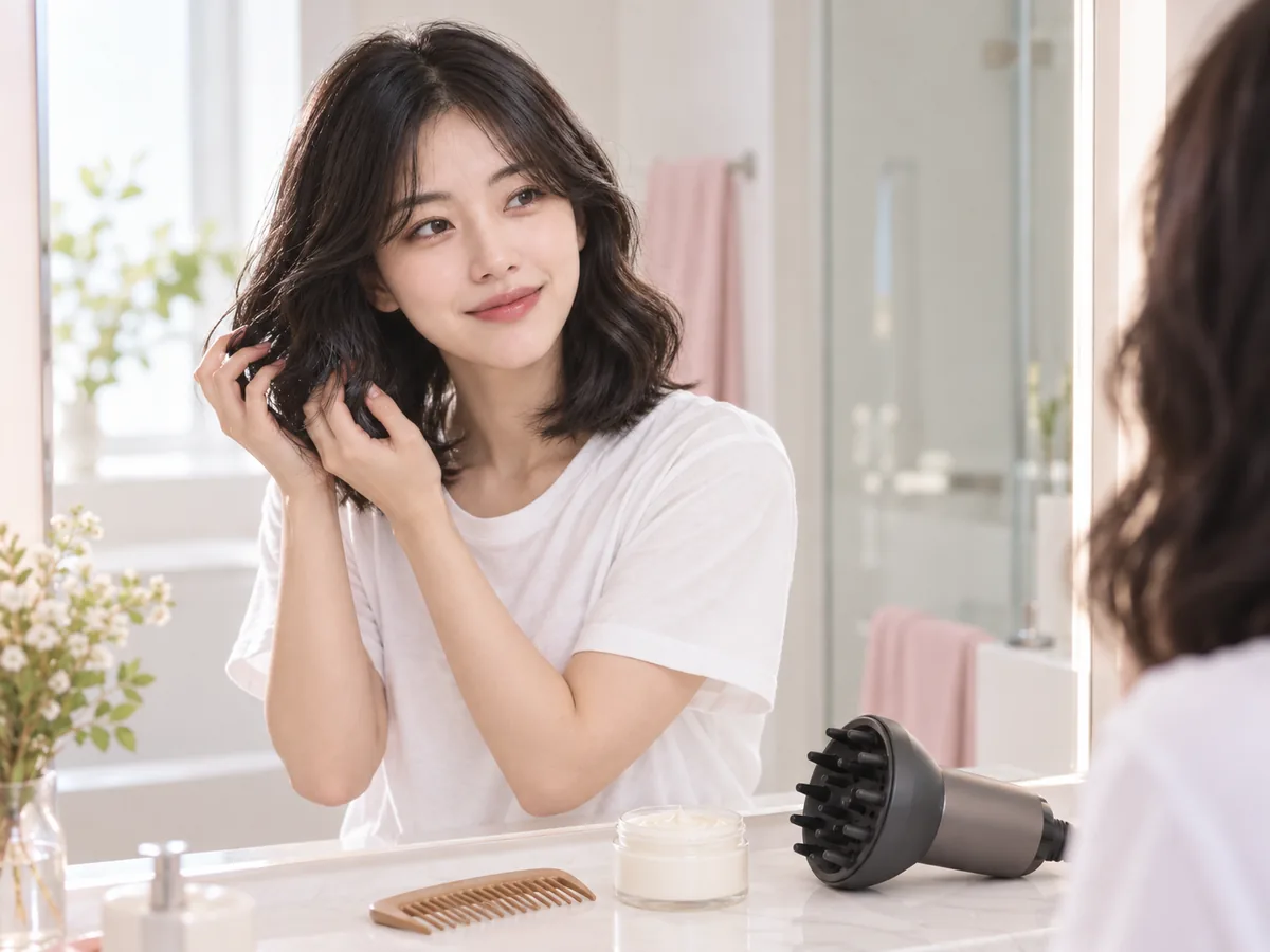 A woman scrunches curl cream into her permed hair at a bathroom mirror, with a wide-tooth comb and a diffuser nearby.