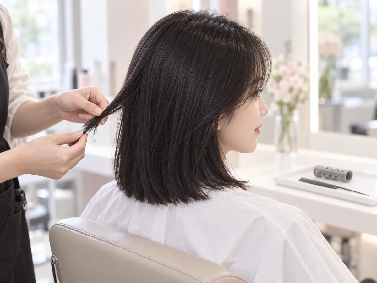 A stylist gently stretches a small section of a client's hair between her fingers to check the ends.