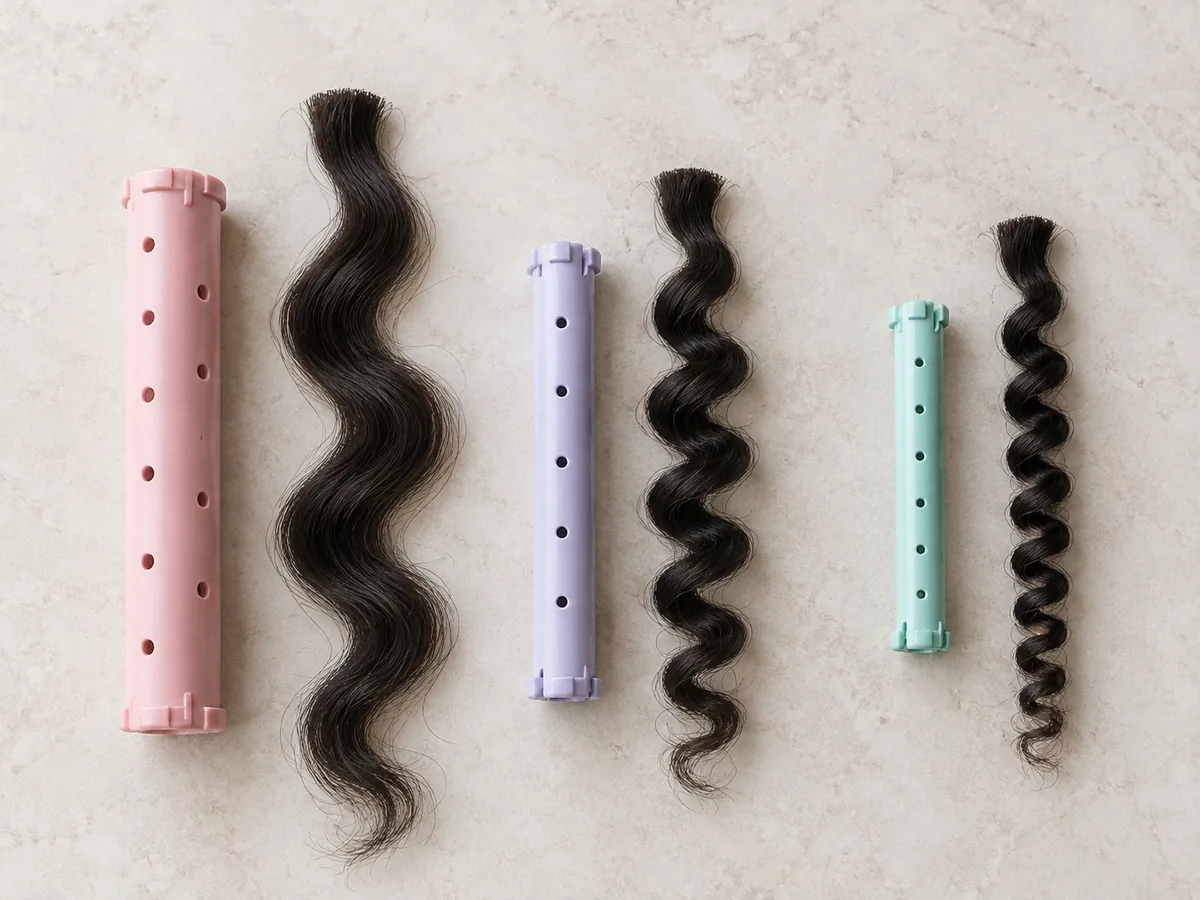 Perm rods in three sizes laid beside three curled sections of dark hair, from loose waves to tight curls.