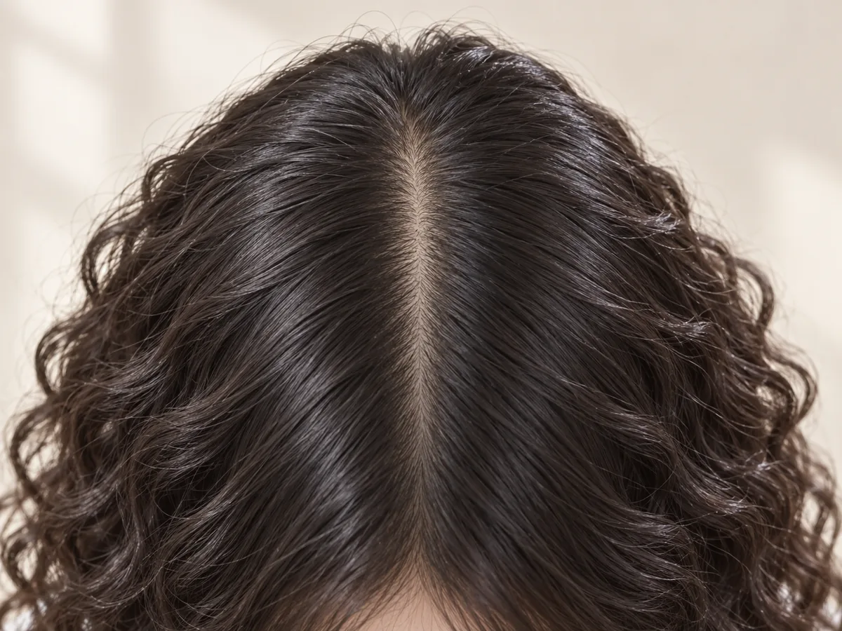 Close-up of permed dark hair with straighter new growth at the roots near the part.