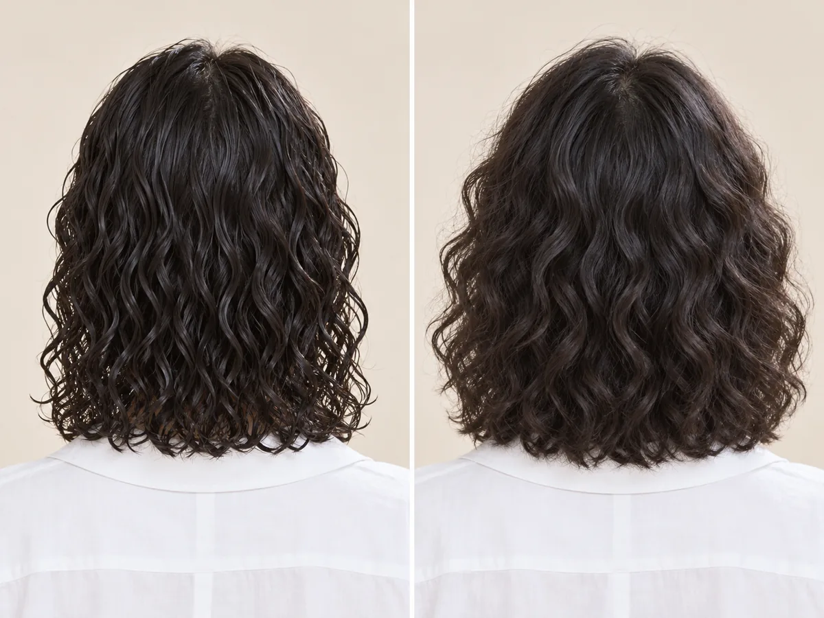 Side-by-side close-up of the same permed hair: damp with defined curls, and dry with softer, looser waves.