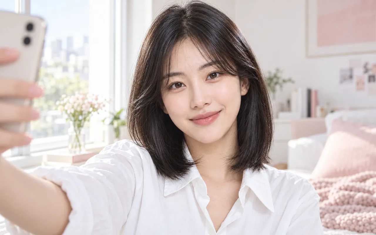 A woman with straight, shoulder-length black hair worn down takes a selfie beside a bright window.