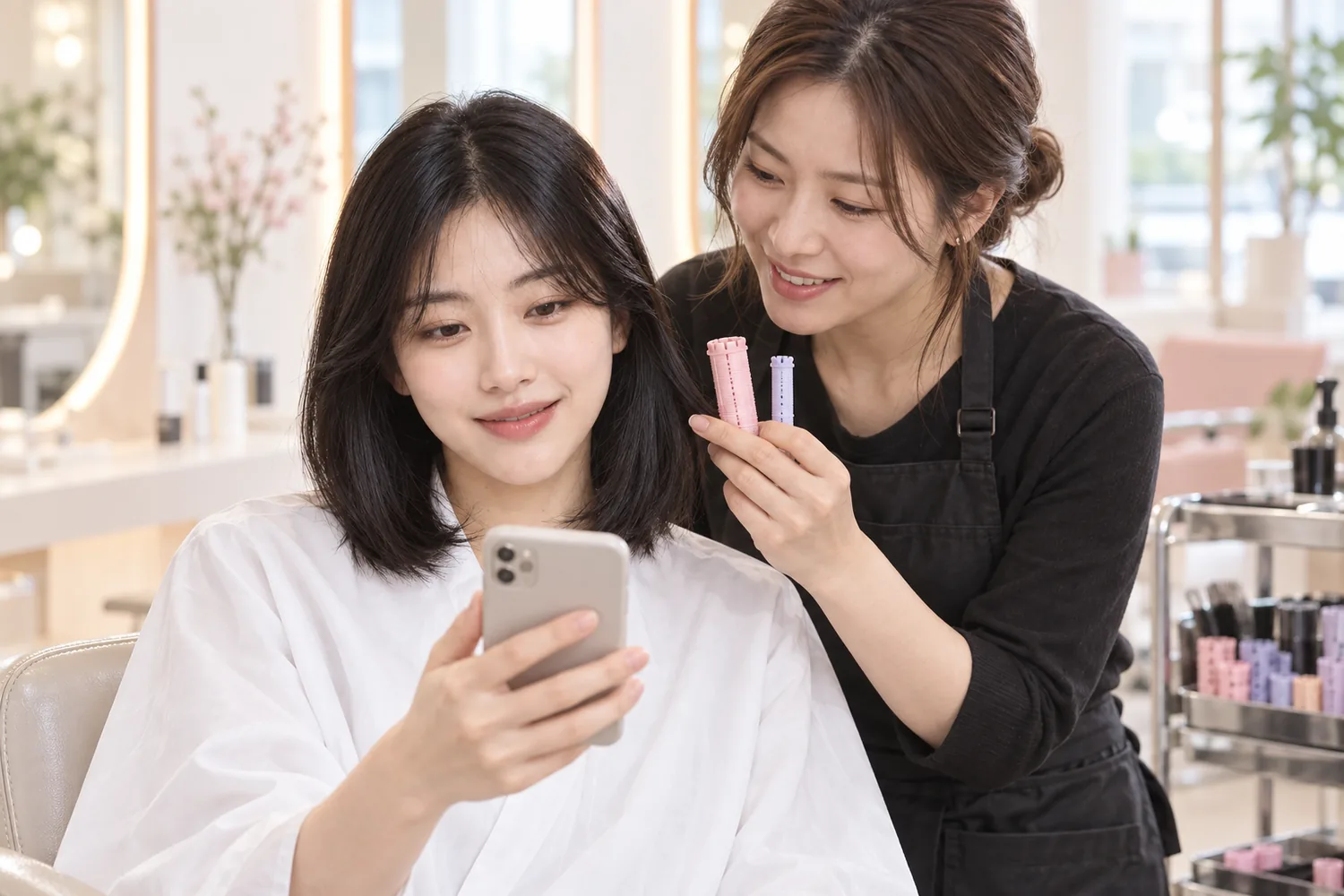 A stylist holds perm rods up to a client's hair while they look at a curl reference together in a bright salon.