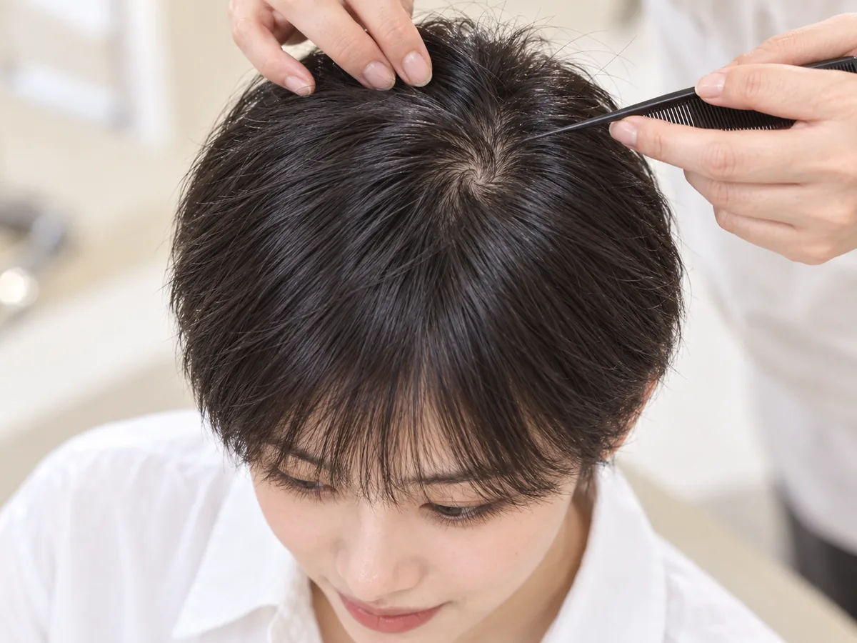 A stylist parts short dark hair at the crown to show the swirl of a cowlick.