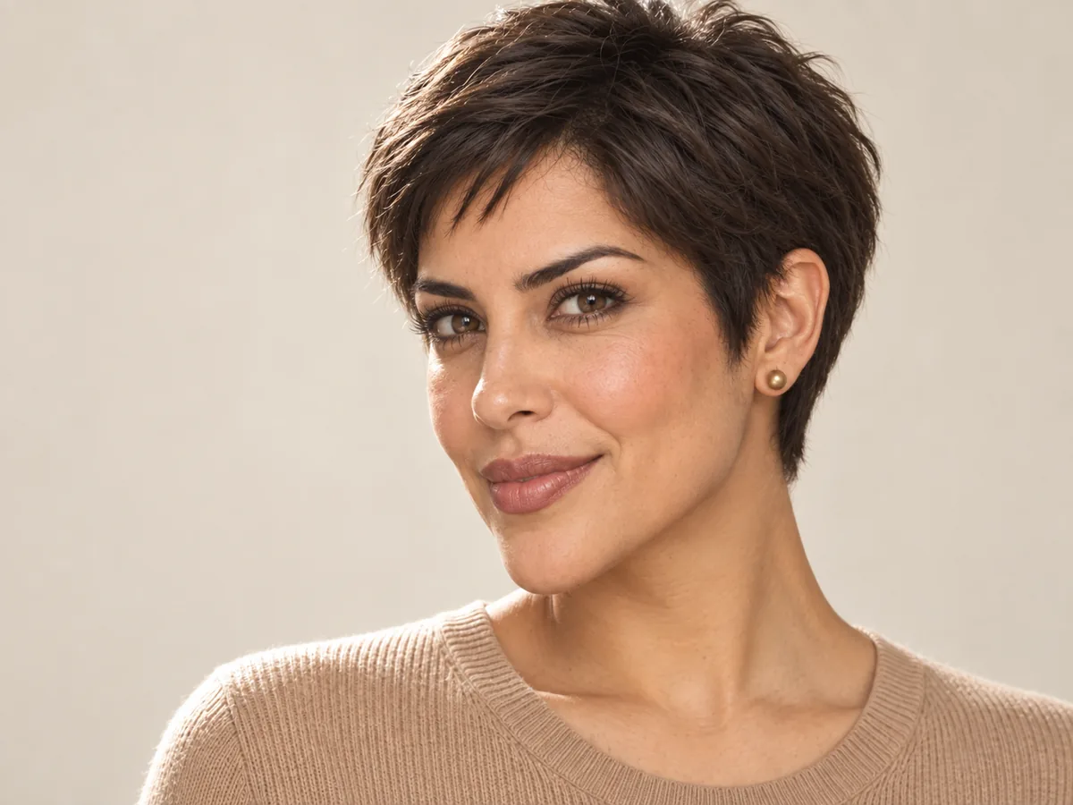 A woman with a cropped pixie in three-quarter view, her ear, jawline and neck fully visible.