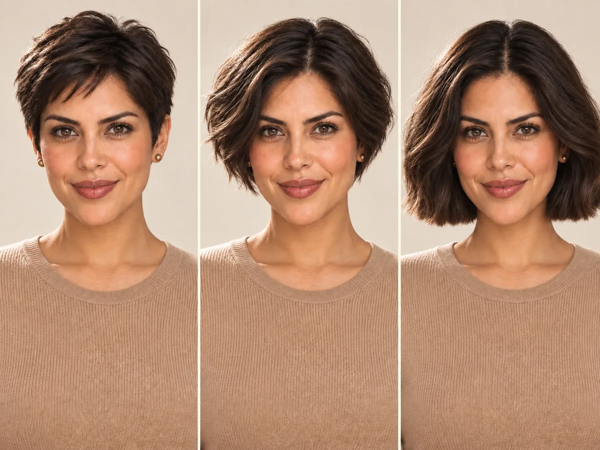 Three portraits of the same woman growing out a pixie: a pixie, a pixie bob and a chin-length bob.