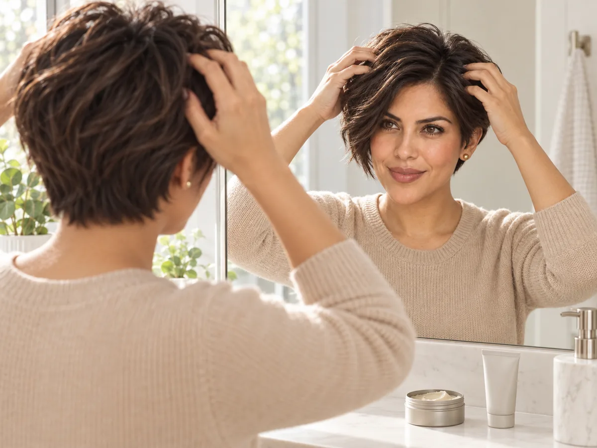 A woman with a long pixie works a small amount of styling paste through the top at a bathroom mirror.