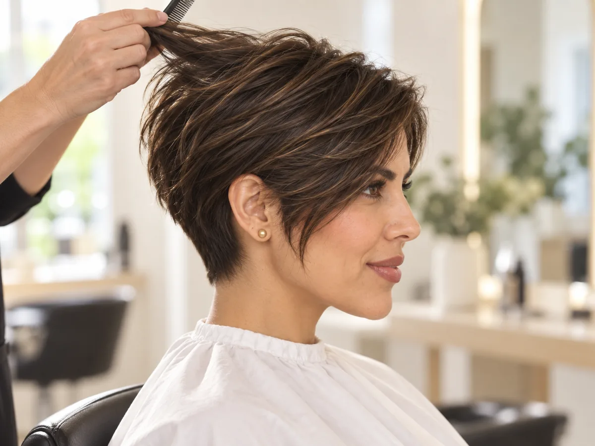 Side view of a pixie cut with soft, longer layers on top and a short, tapered nape.