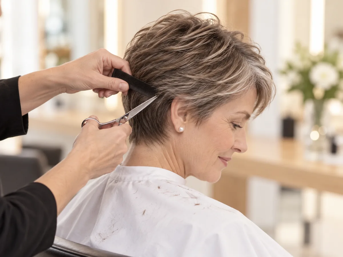 A stylist trims the short hair around a client's ear and nape with scissors and a comb.