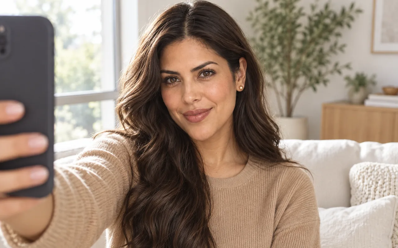 A woman with long, dark waves worn down takes a front-facing selfie beside a bright window.