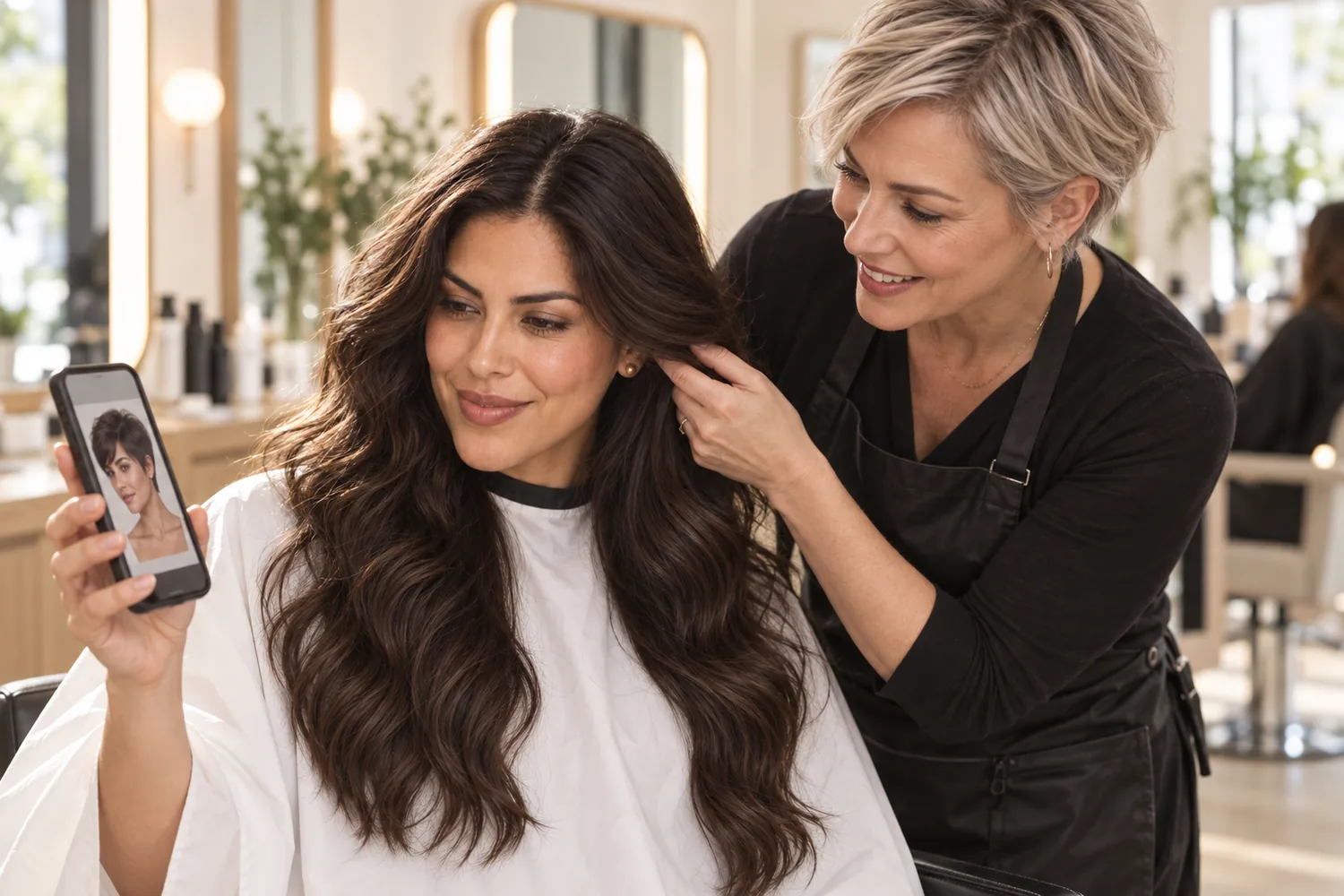 A client with long, dark waves shows her stylist a pixie cut preview on her phone in a bright salon.