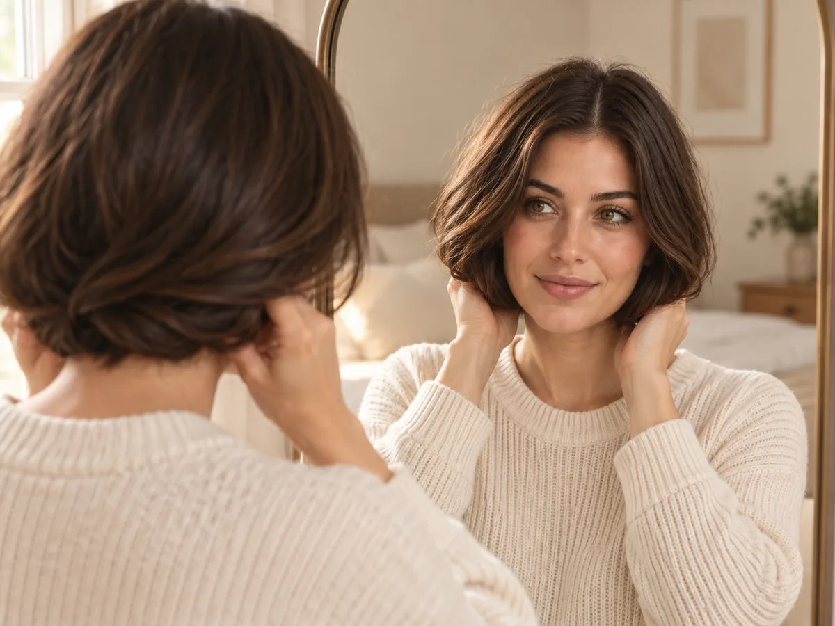 A woman with long dark hair folds it under at her jaw in a mirror to try a shorter length.