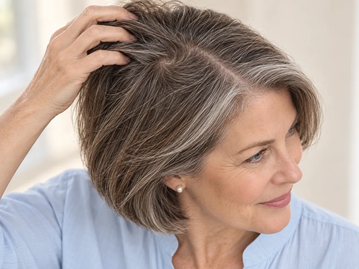 A woman lifts the hair at her crown to show a natural swirl and where her part falls.