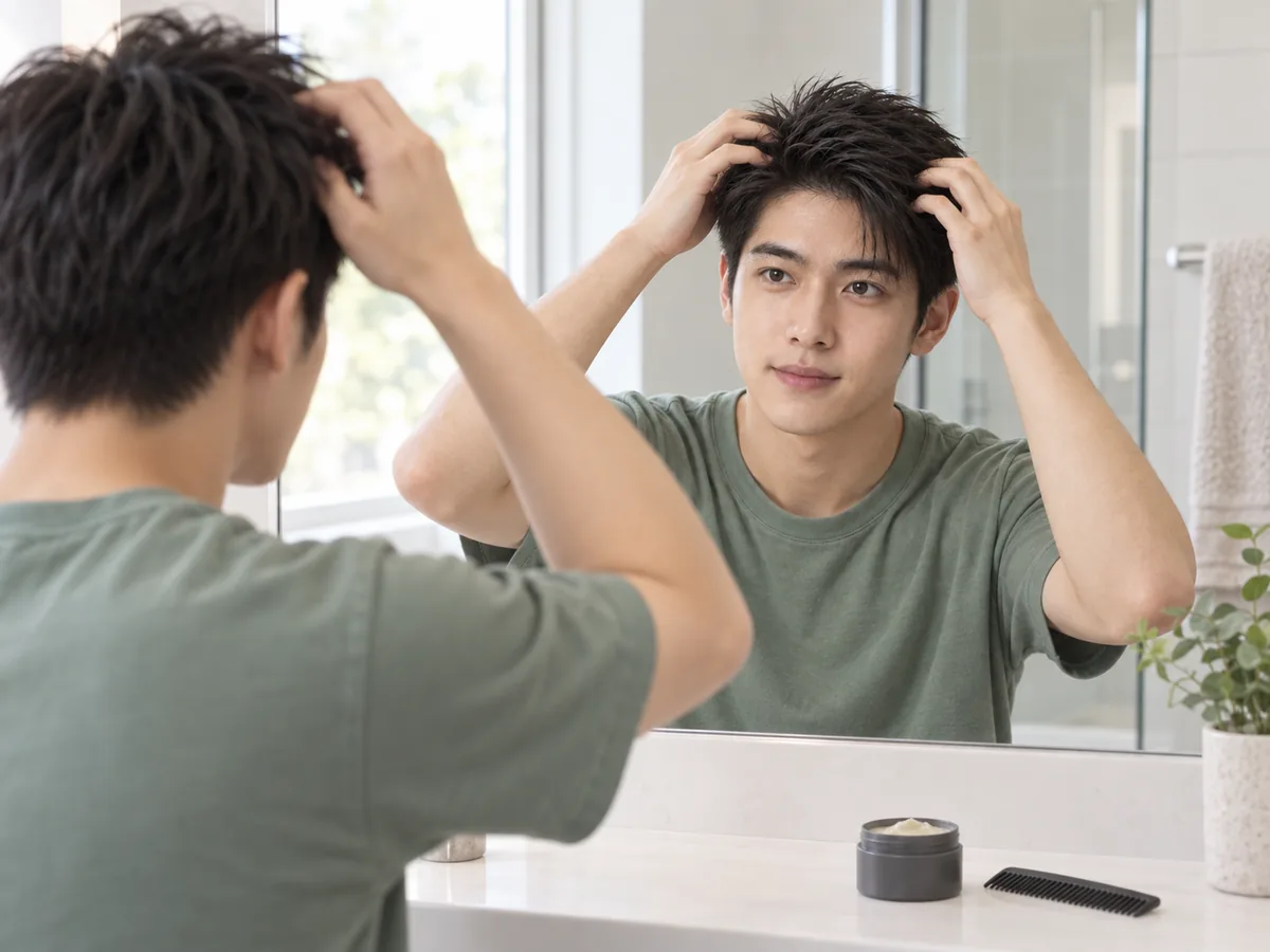 A young man with a short tapered cut works a little styling paste through his hair at a bathroom mirror.
