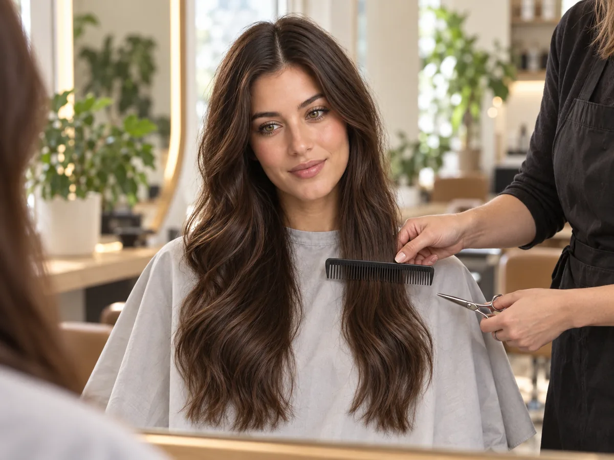 A stylist holds a comb level at a client's collarbone to mark a first, gentler cut line on her long hair.
