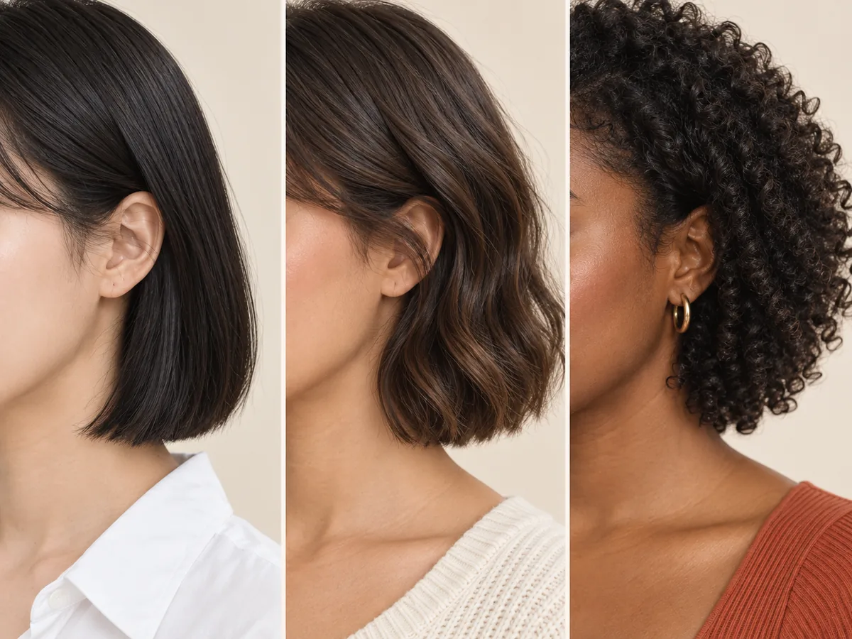 A three-panel close-up of jaw-length short hair in straight, wavy and curly textures.