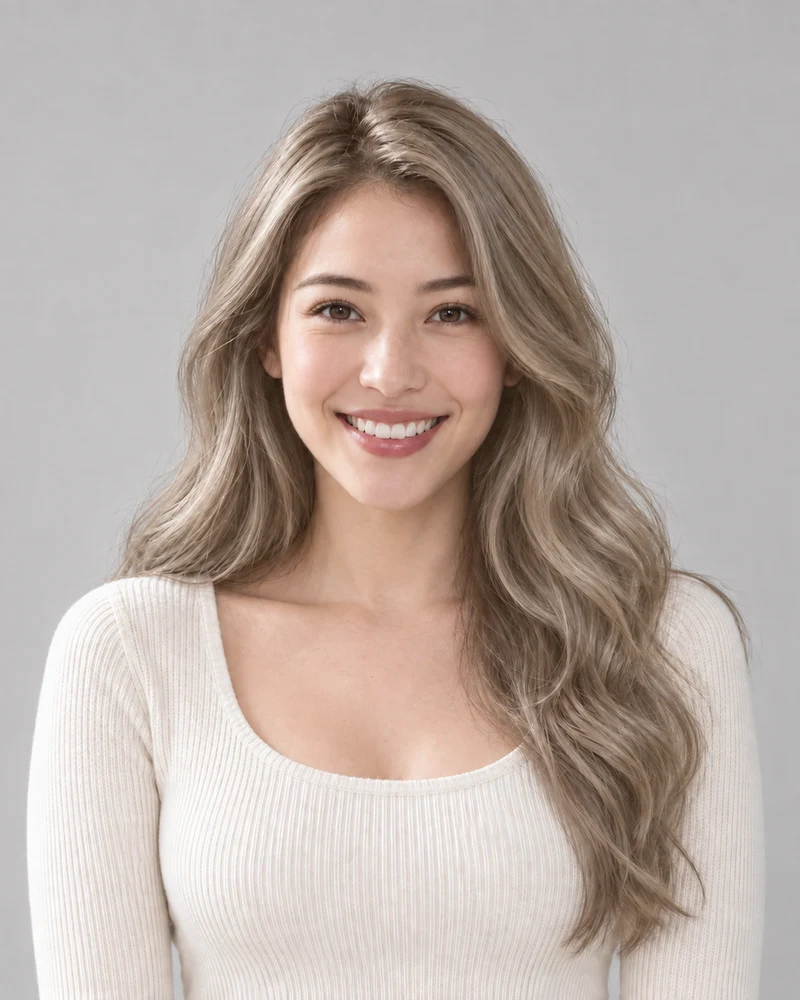 A close crop of Ash blonde strands from the same model portrait