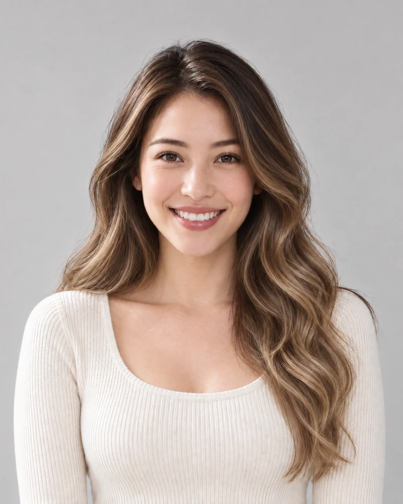 The same model previewing Balayage with matching pose and lighting