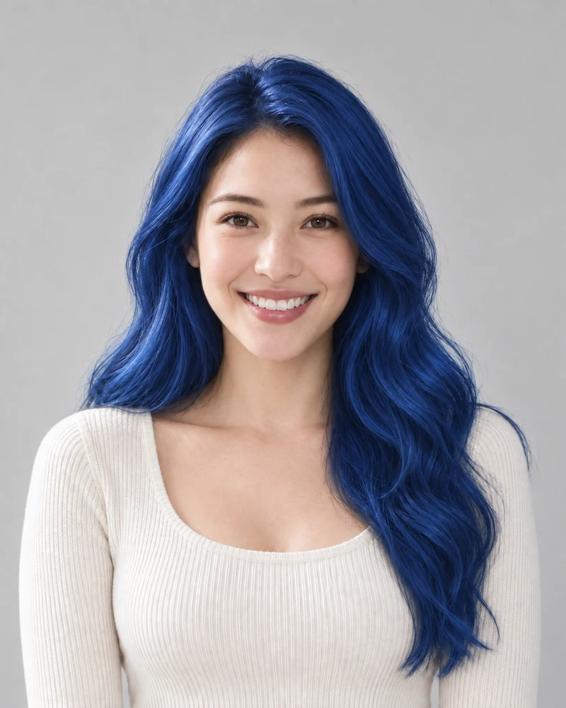 The same model previewing Blue hair with matching pose and lighting