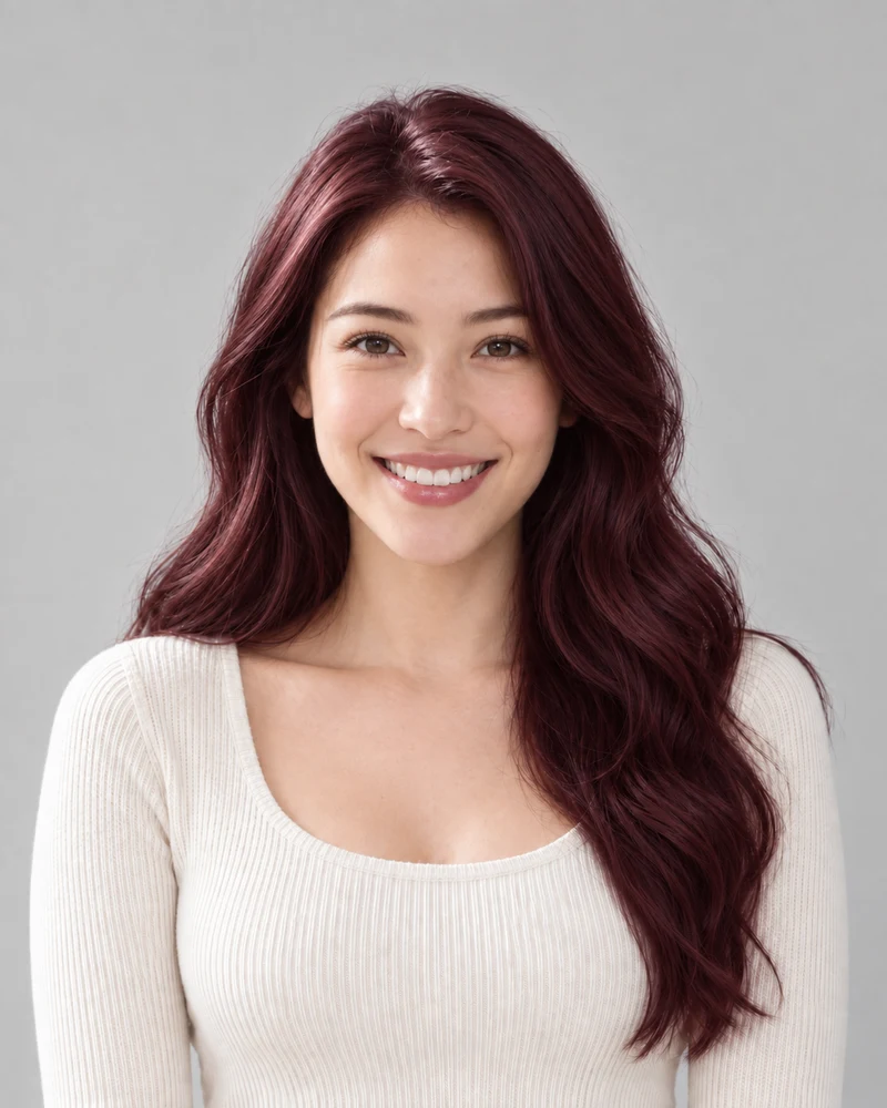 The same model previewing Burgundy with matching pose and lighting