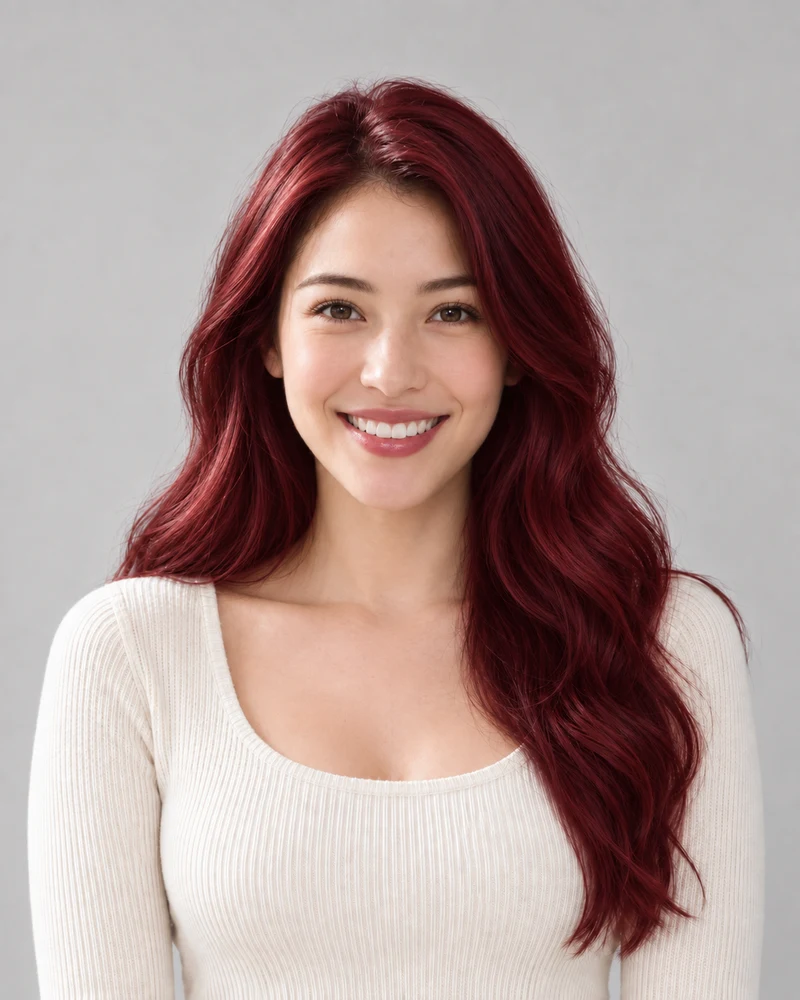 A close crop of Cherry red strands from the same model portrait