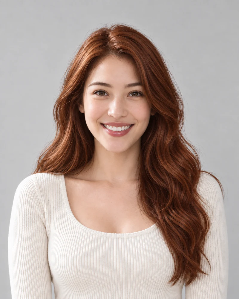 AI example of Copper hair on the same model, cropped to the lengths