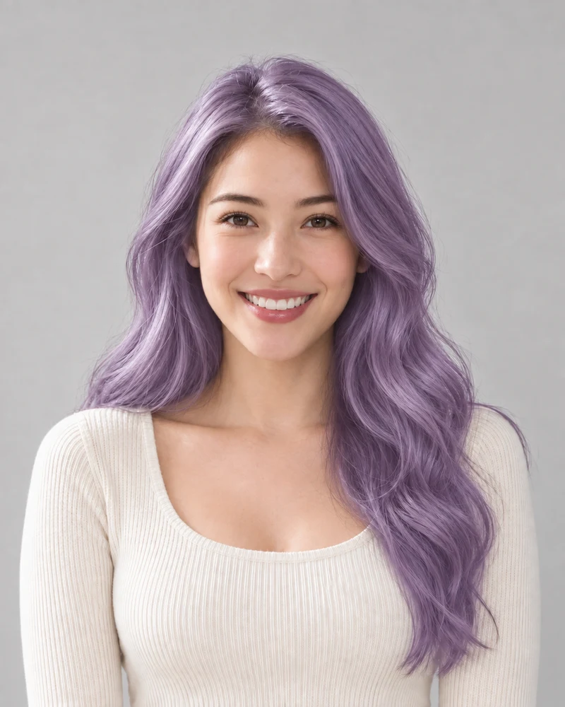 The same model previewing Lavender hair with matching pose and lighting