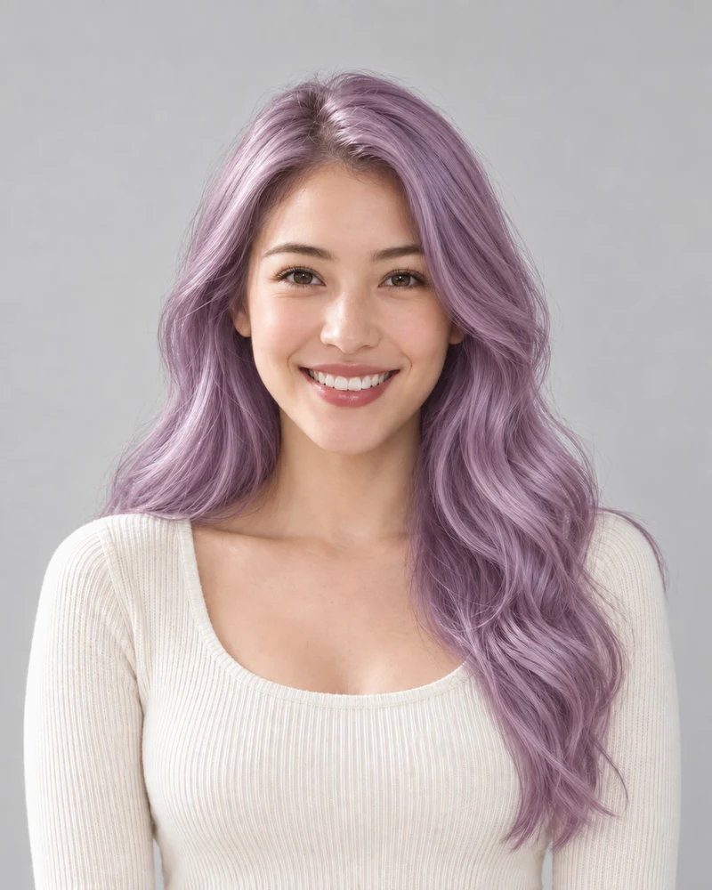 The same model previewing Lilac hair with matching pose and lighting