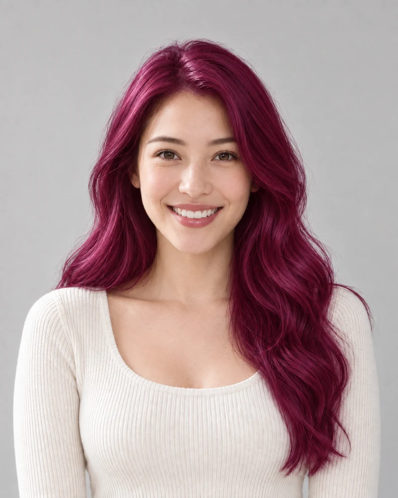 A face-framing crop of Magenta hair from the same model portrait