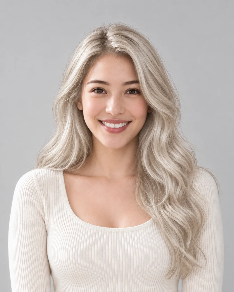 An AI example of the same model with Platinum blonde, in matching pose and lighting