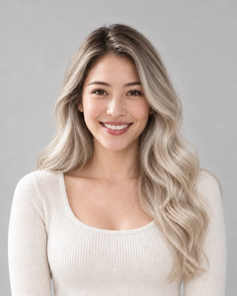 A close crop of the part, hairline and brows with Platinum with shadow root on the same model