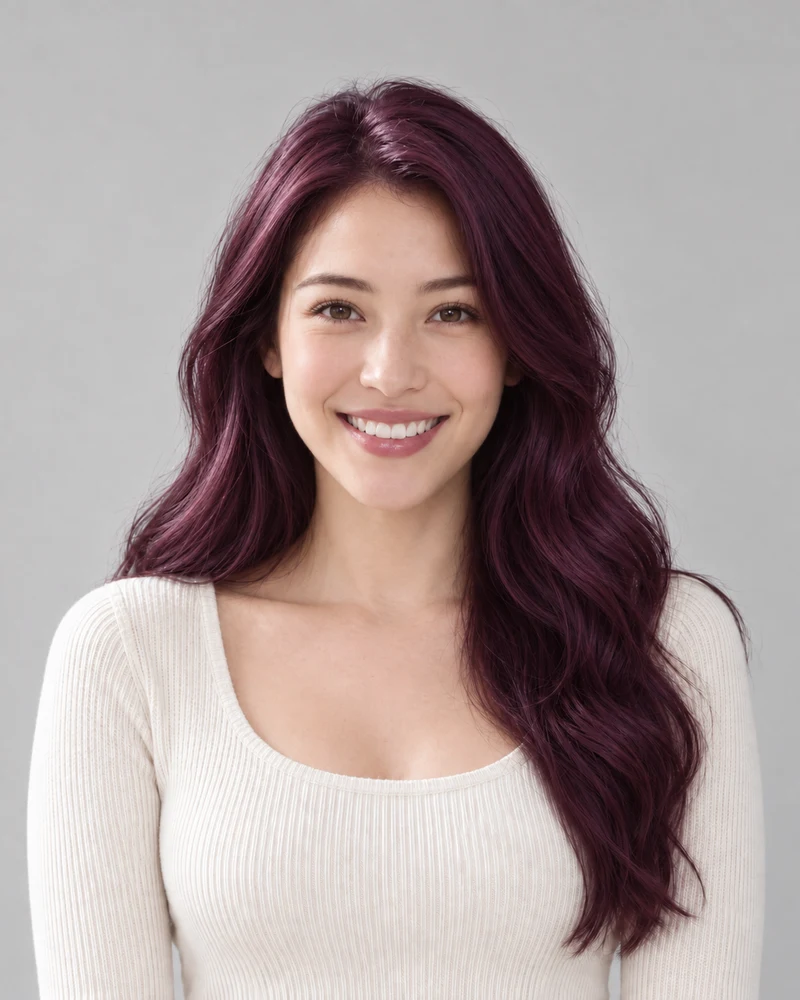 The same model previewing Plum hair with matching pose and lighting