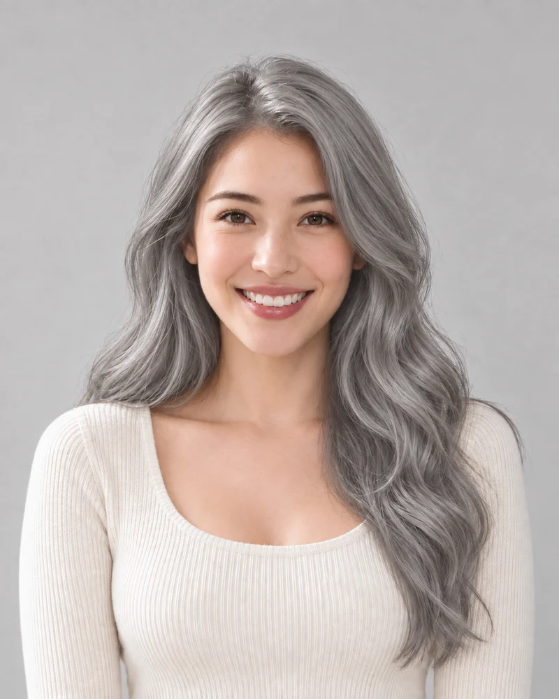 The same female model previewing Silver gray with matching pose and lighting