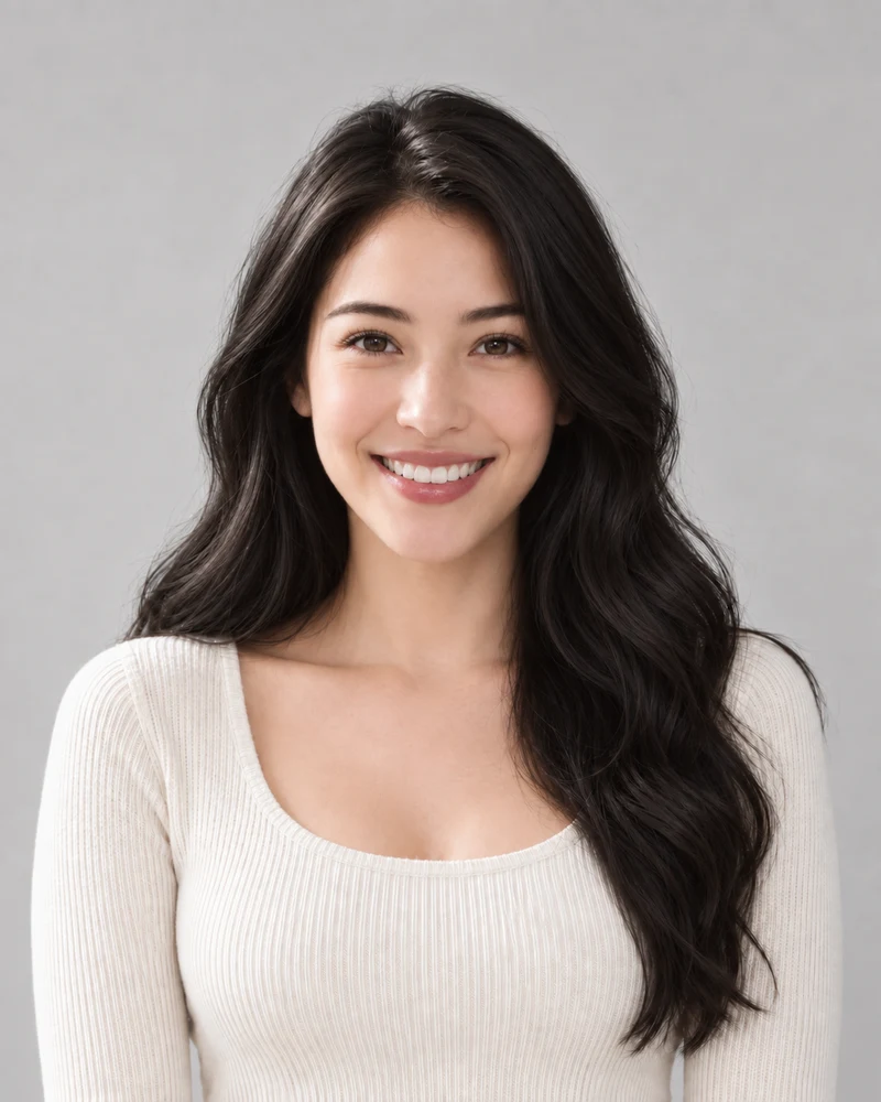 A close crop of Soft black hair beside the brows, from the same model portrait