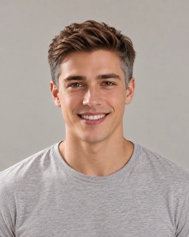 A crop of the same male model's hair and temples: Gray temples