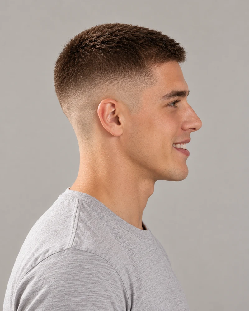 Side view of the same skin fade buzz cut, showing where the fade starts