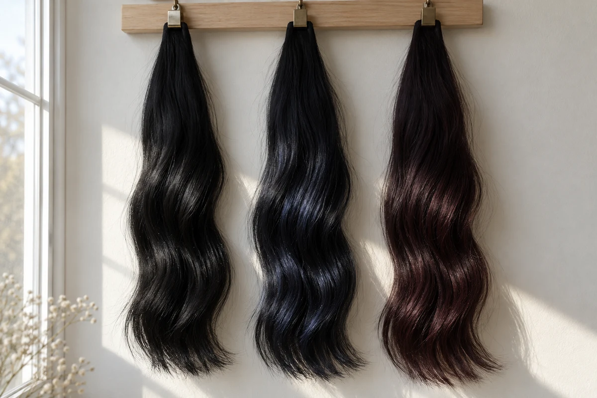 Jet black, blue-black and black cherry hair swatches side by side, showing a navy sheen and a deep red glint where daylight falls