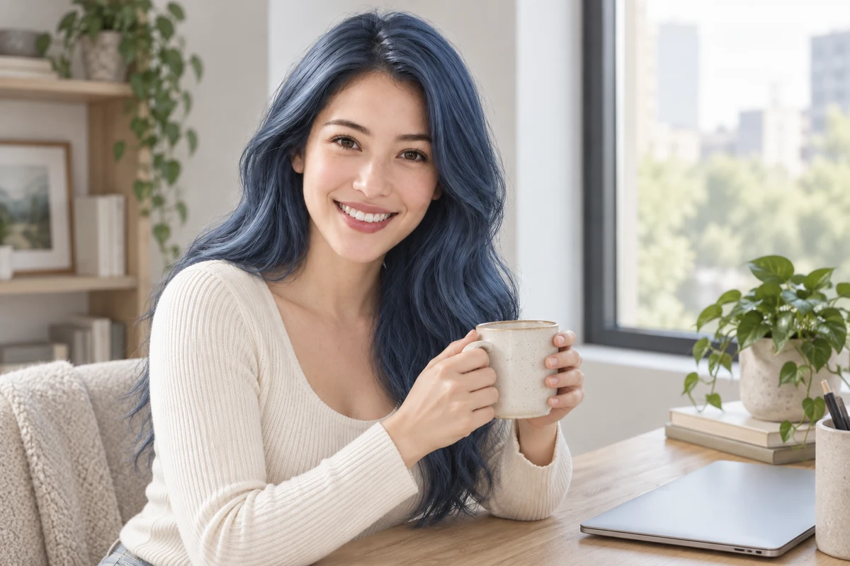 The same woman with muted denim blue hair at a desk in soft daylight