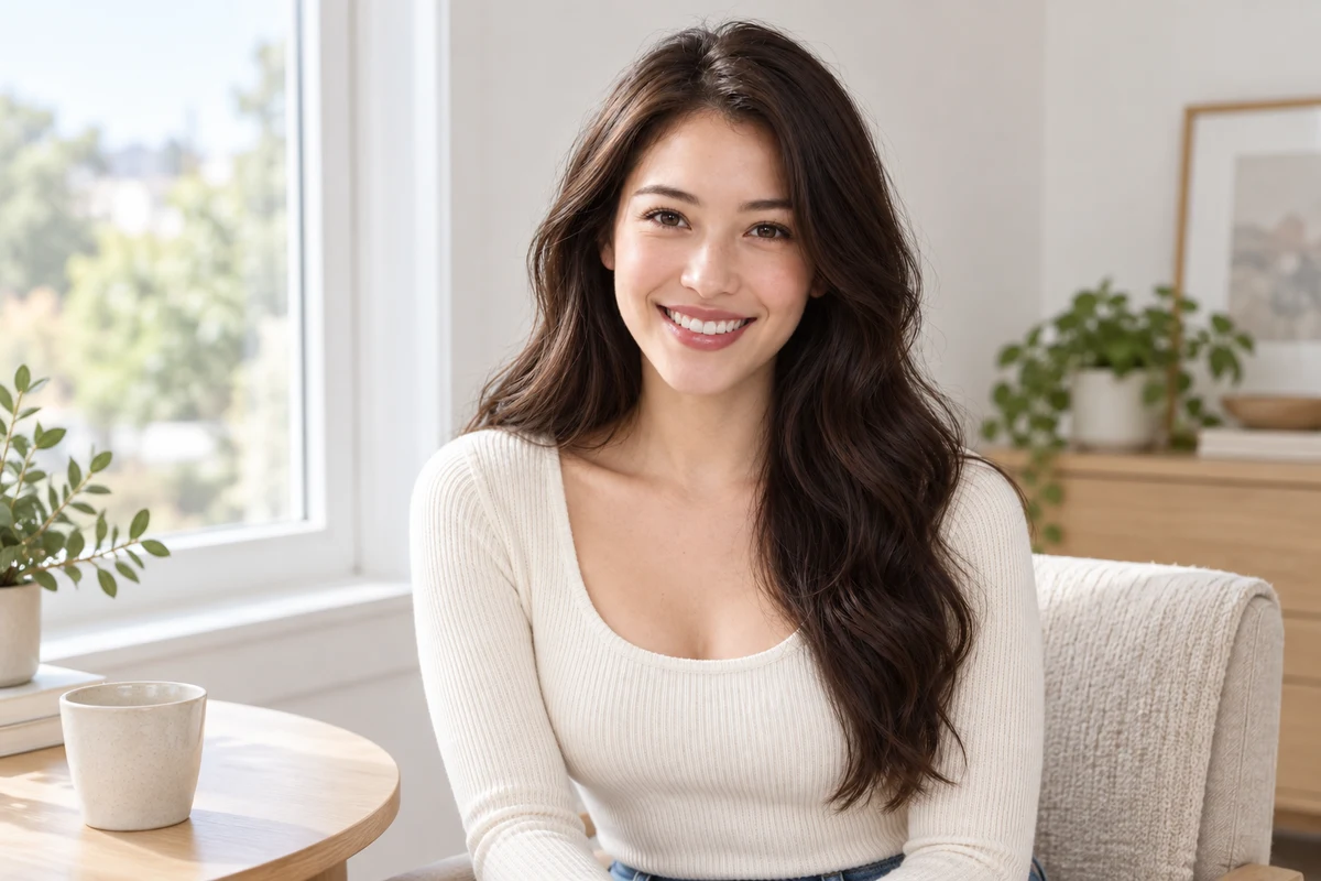 The same woman seated by a window in even daylight, her dark brown hair worn down with the face-framing sections and lengths visible