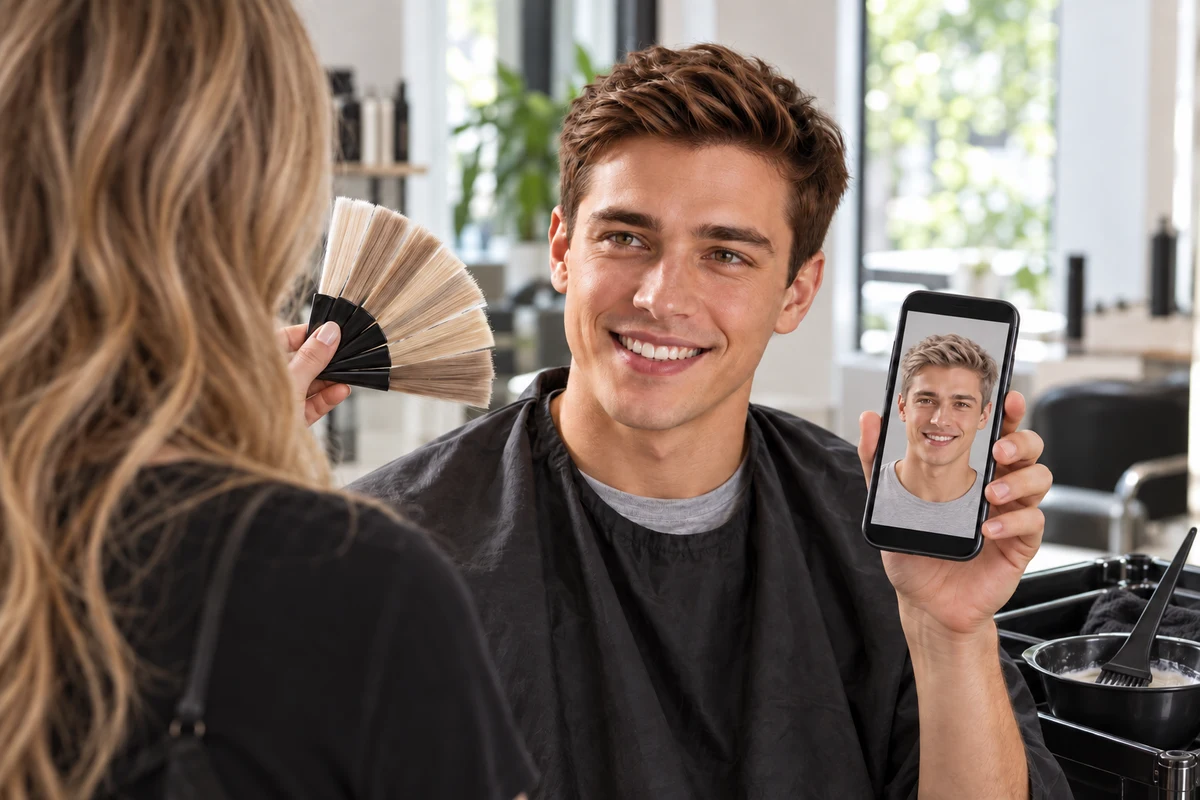 The approved male model discussing a blonde photo preview and hair swatches with a colorist