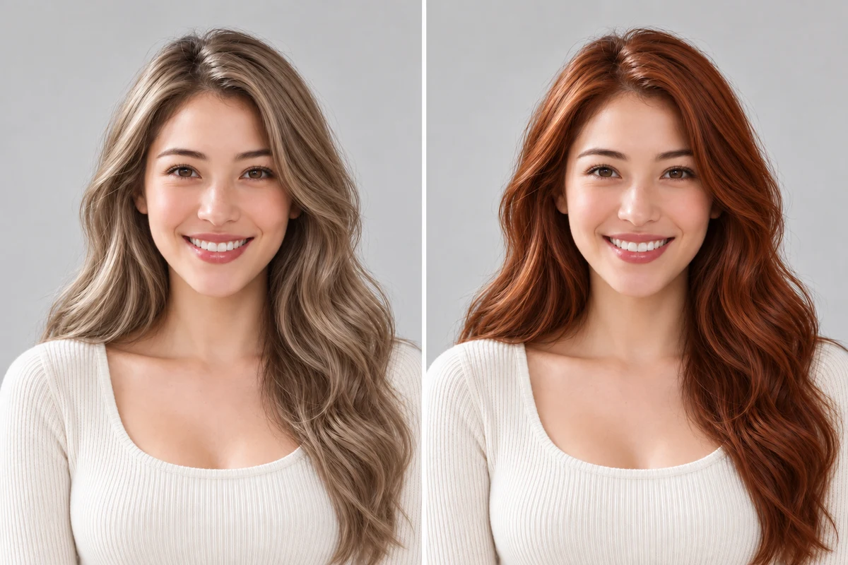 The same woman in the same light, cool ash blonde on the left and warm copper on the right