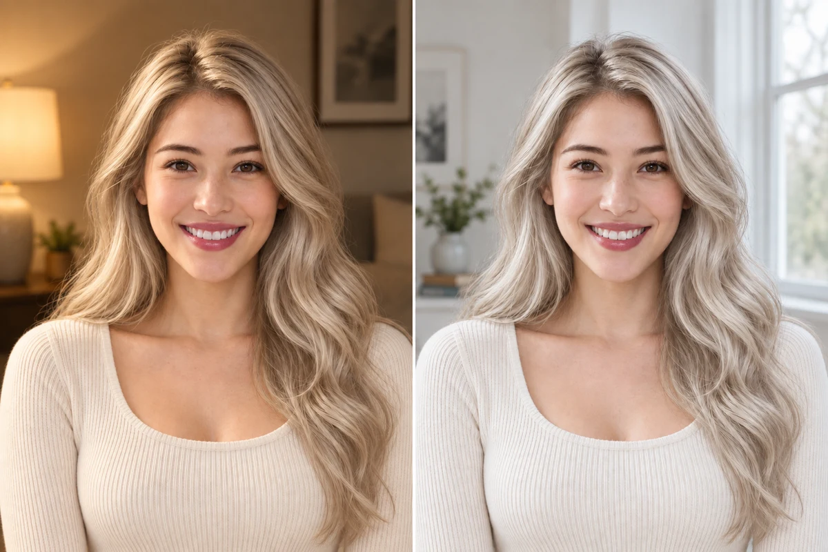 The same woman with platinum hair shown in warm lamp light on the left and in soft window daylight on the right