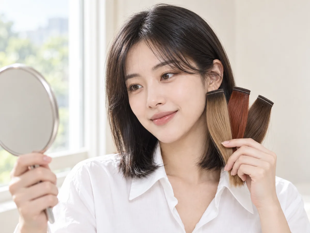 A woman holds three wig shade samples near her face beside a window to compare them in daylight.