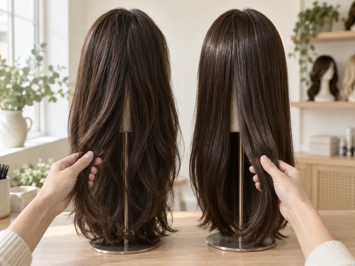 Hands compare two long wigs on stands: human hair with a soft, natural shine and a synthetic wig with a more even sheen.