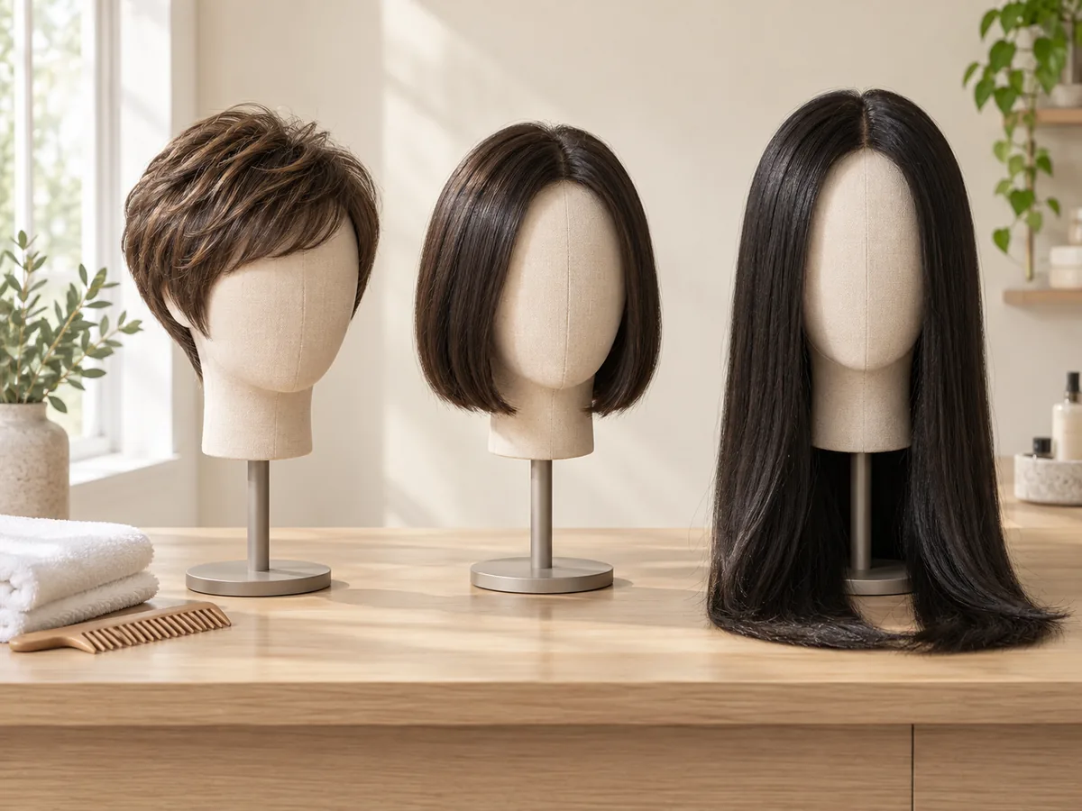 Three wigs on canvas block heads in a row: a short pixie, a jaw-length bob and a long straight wig.